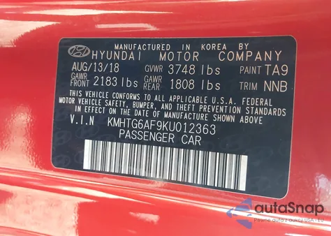 2019 Hyundai Veloster 2.0 Premium z USA, uszkodzony, nr VIN KMHTG6AF9KU012363